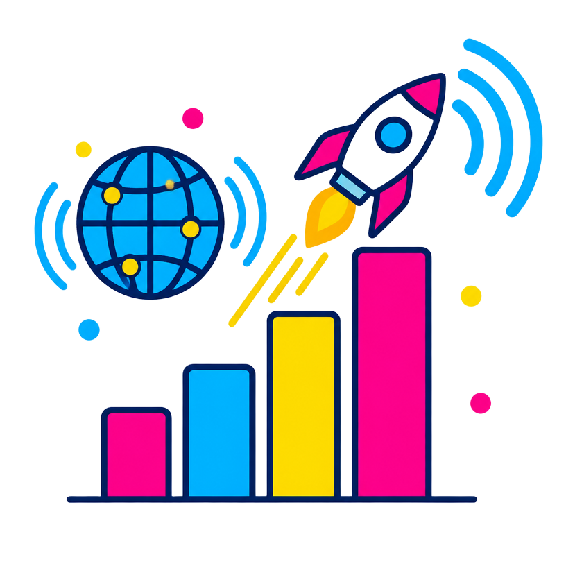 Rising signal bars beside a rocket and a globe