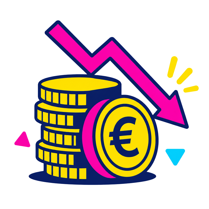 Stack of euro coins with a falling price arrow